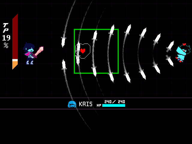 The Aqua boss fight from DELTARUNE Chapter 5 in DELTARUNE Fight Simulator: the battle box and the party