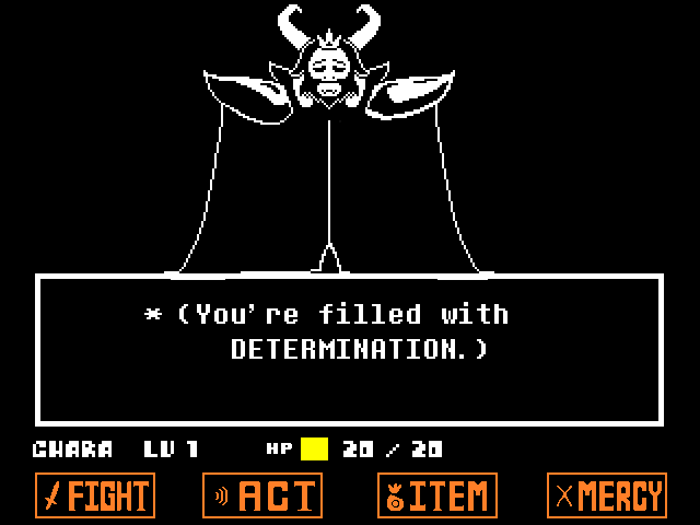 The Asgore neutral route boss fight from UNDERTALE in DELTARUNE Fight Simulator: the battle box and the party