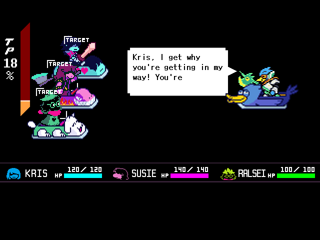 The Berdly boss fight from DELTARUNE Chapter 2 in DELTARUNE Fight Simulator: the battle box and the party