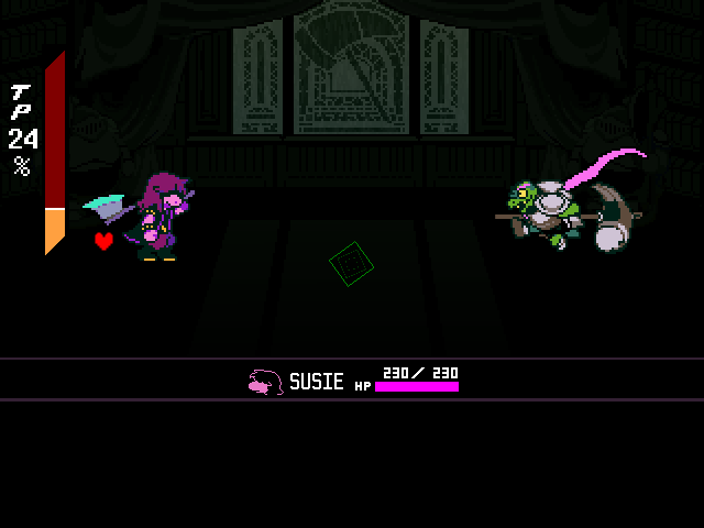 The Hammer of Justice secret boss fight from DELTARUNE Chapter 4 in DELTARUNE Fight Simulator: the battle box and the party