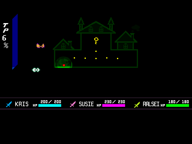 The Jackenstein boss fight from DELTARUNE Chapter 4 in DELTARUNE Fight Simulator: the battle box and the party