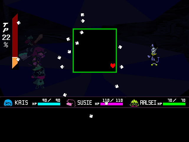The JEVIL secret boss fight from DELTARUNE Chapter 1 in DELTARUNE Fight Simulator: the battle box and the party