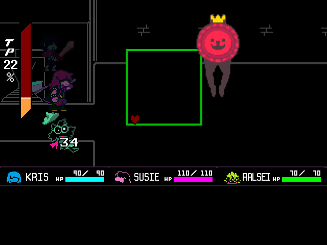 The K. Round miniboss fight from DELTARUNE Chapter 1 in DELTARUNE Fight Simulator: the battle box and the party