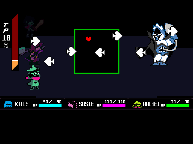 The King final boss fight from DELTARUNE Chapter 1 in DELTARUNE Fight Simulator: the battle box and the party