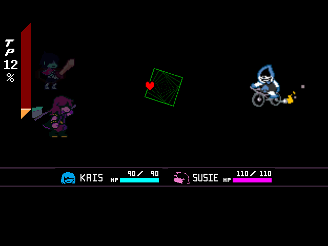The Lancer first boss fight from DELTARUNE Chapter 1 in DELTARUNE Fight Simulator: the battle box and the party