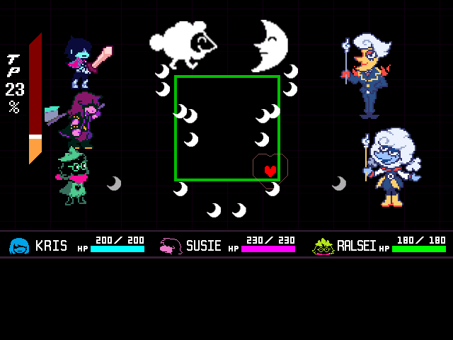 The Lanino & Elnina (rematch) duo boss fight from DELTARUNE Chapter 4 in DELTARUNE Fight Simulator: the battle box and the party