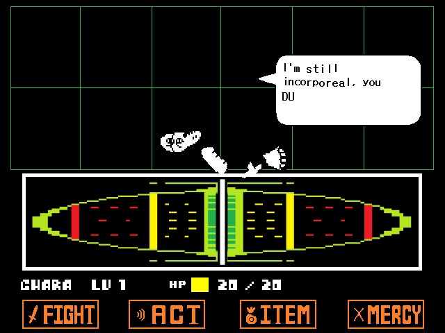 The Mad Dummy boss fight from UNDERTALE in DELTARUNE Fight Simulator: the battle box and the party