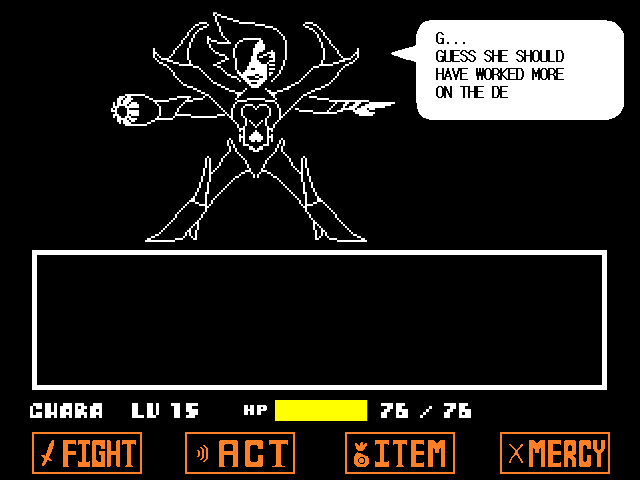 The Mettaton NEO genocide route boss fight from UNDERTALE in DELTARUNE Fight Simulator: the battle box and the party