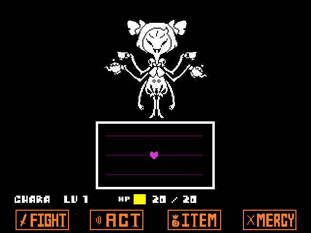 The Muffet boss fight from UNDERTALE in DELTARUNE Fight Simulator: the battle box and the party
