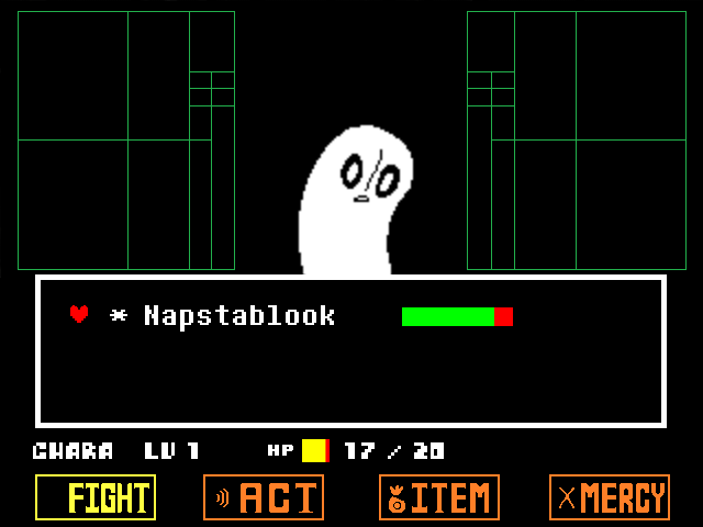 The Napstablook ghost fight from UNDERTALE in DELTARUNE Fight Simulator: the battle box and the party