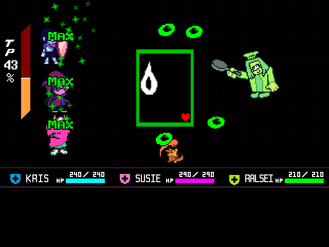 The Orange & Green duo boss fight from DELTARUNE Chapter 5 in DELTARUNE Fight Simulator: the battle box and the party