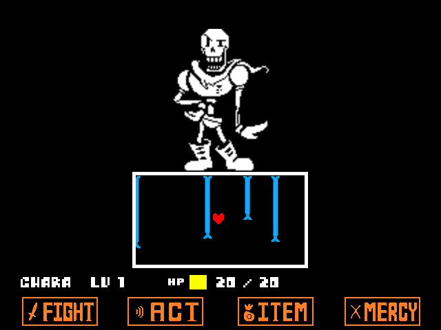 The Papyrus boss fight from UNDERTALE in DELTARUNE Fight Simulator: the battle box and the party