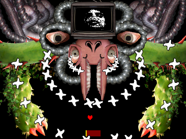 The Photoshop Flowey neutral route final boss fight from UNDERTALE in DELTARUNE Fight Simulator: the battle box and the party