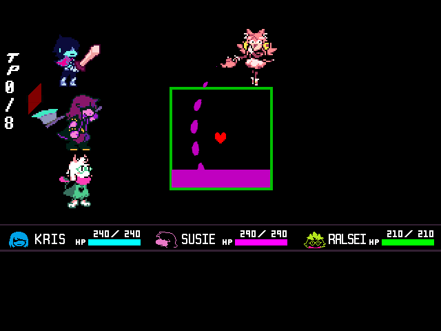 The Pink boss fight from DELTARUNE Chapter 5 in DELTARUNE Fight Simulator: the battle box and the party