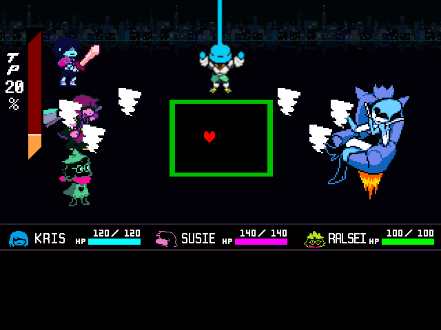 The Queen boss fight from DELTARUNE Chapter 2 in DELTARUNE Fight Simulator: the battle box and the party
