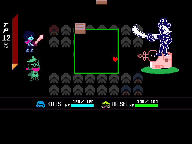 The Rouxls Kaard boss fight from DELTARUNE Chapter 2 in DELTARUNE Fight Simulator: the battle box and the party