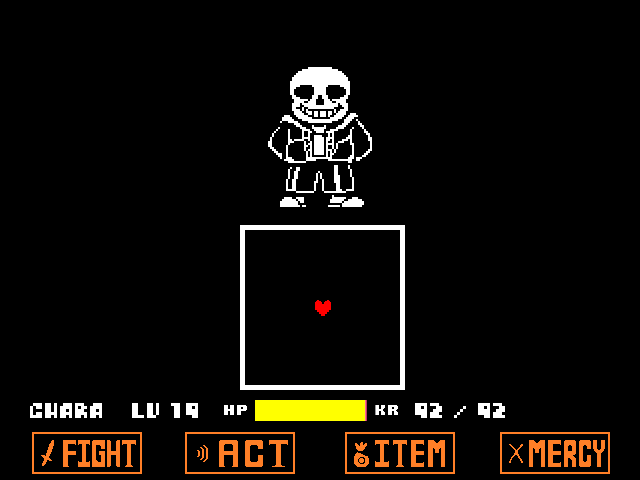 The Sans genocide route boss fight from UNDERTALE in DELTARUNE Fight Simulator: the battle box and the party