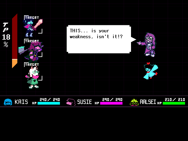 The Seth & Aqua duo boss fight from DELTARUNE Chapter 5 in DELTARUNE Fight Simulator: the battle box and the party