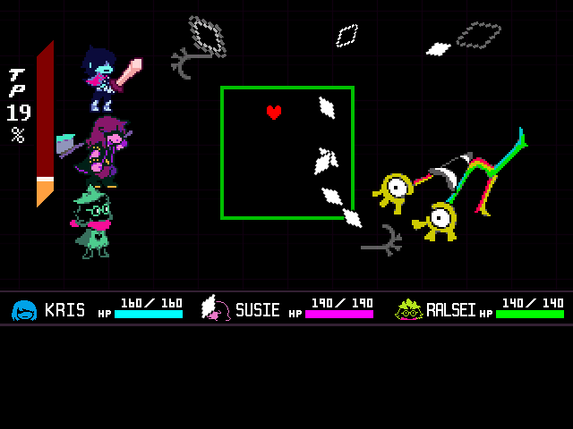 The Shuttah boss fight from DELTARUNE Chapter 3 in DELTARUNE Fight Simulator: the battle box and the party