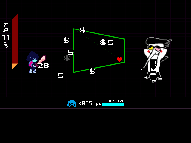 The Spamton boss fight from DELTARUNE Chapter 2 in DELTARUNE Fight Simulator: the battle box and the party