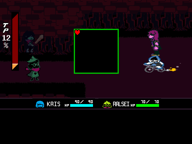 The Susie & Lancer duo boss fight from DELTARUNE Chapter 1 in DELTARUNE Fight Simulator: the battle box and the party