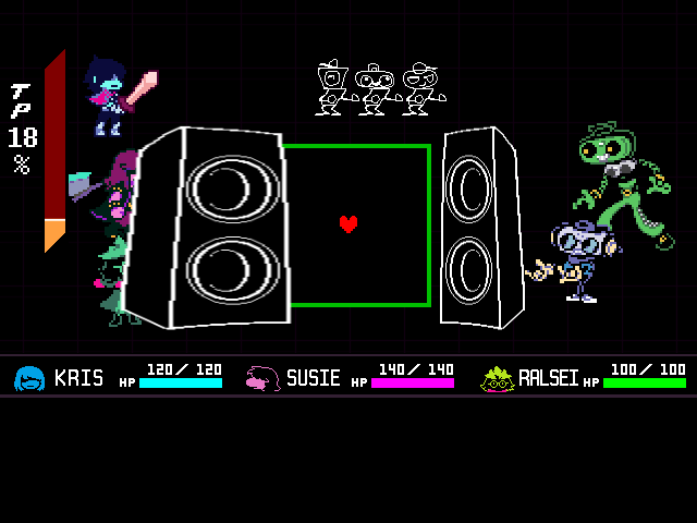 The Sweet Cap'n Cakes boss fight from DELTARUNE Chapter 2 in DELTARUNE Fight Simulator: the battle box and the party