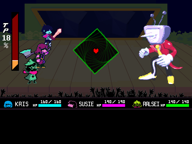 The Tenna boss fight from DELTARUNE Chapter 3 in DELTARUNE Fight Simulator: the battle box and the party