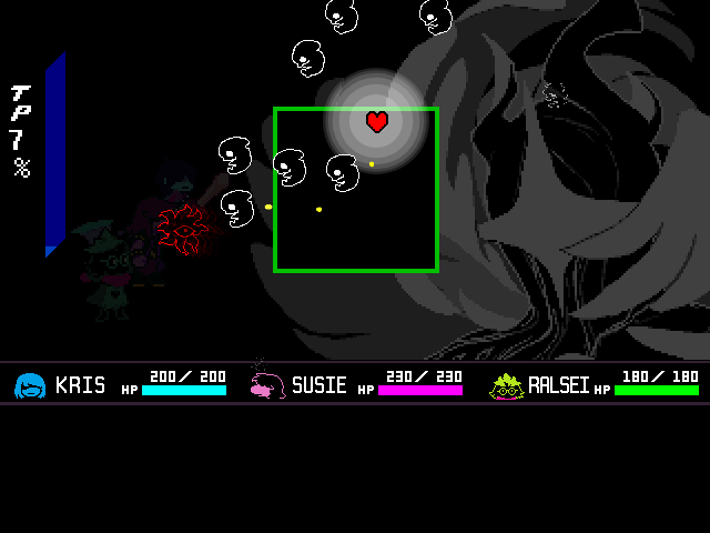 The Titan final boss fight from DELTARUNE Chapter 4 in DELTARUNE Fight Simulator: the battle box and the party