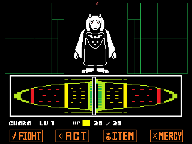 The Toriel first boss fight from UNDERTALE in DELTARUNE Fight Simulator: the battle box and the party