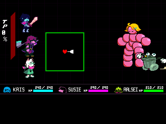 The Trashy Trio boss fight from DELTARUNE Chapter 5 in DELTARUNE Fight Simulator: the battle box and the party