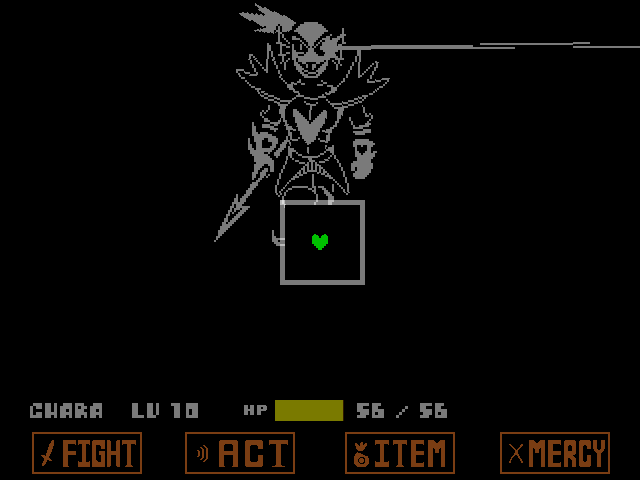 The Undyne the Undying genocide route boss fight from UNDERTALE in DELTARUNE Fight Simulator: the battle box and the party