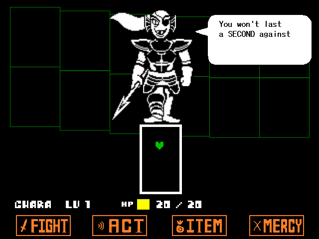 The Undyne boss fight from UNDERTALE in DELTARUNE Fight Simulator: the battle box and the party