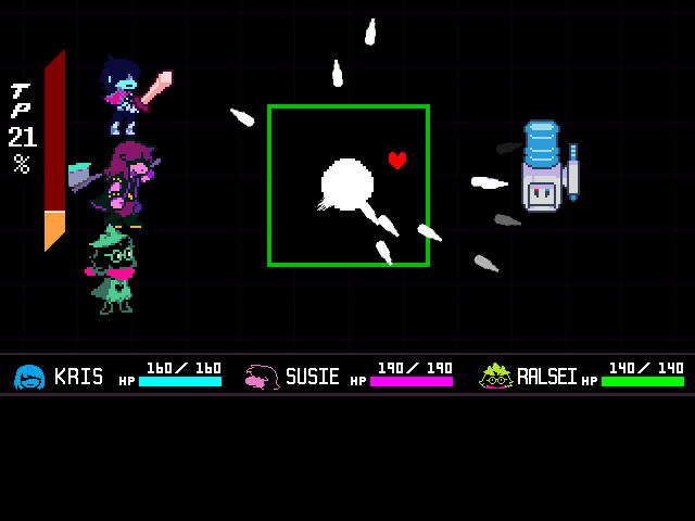 The Watercooler fight fight from DELTARUNE Chapter 3 in DELTARUNE Fight Simulator: the battle box and the party